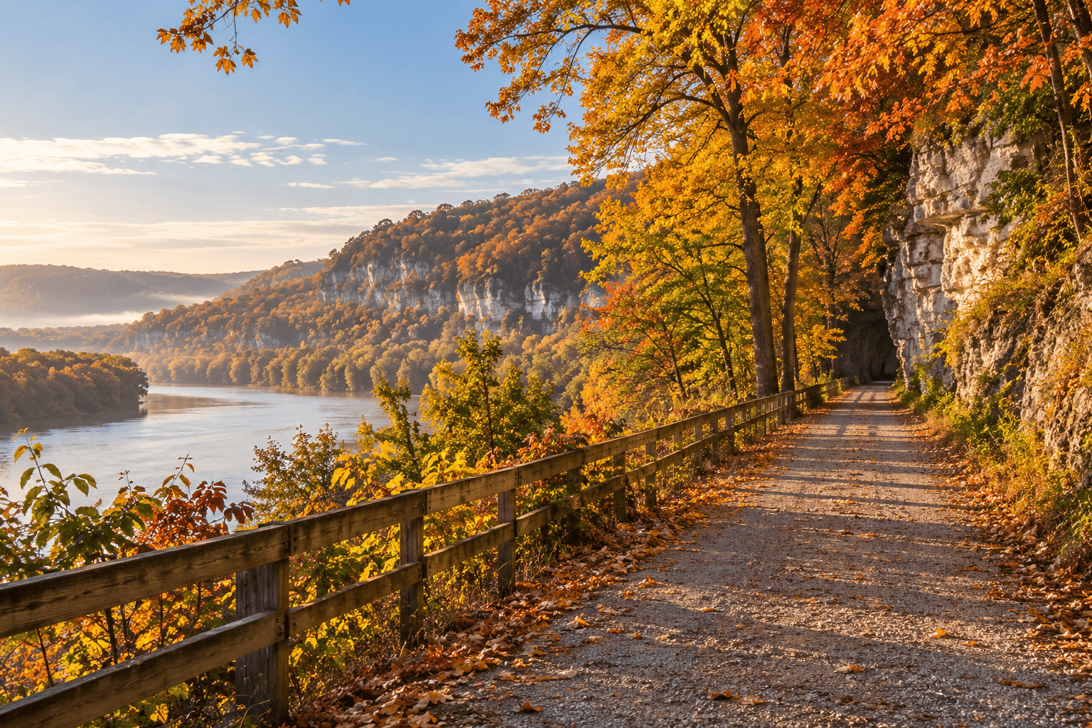 A serene path lined with vibrant autumn foliage alongside a river and cliffs.