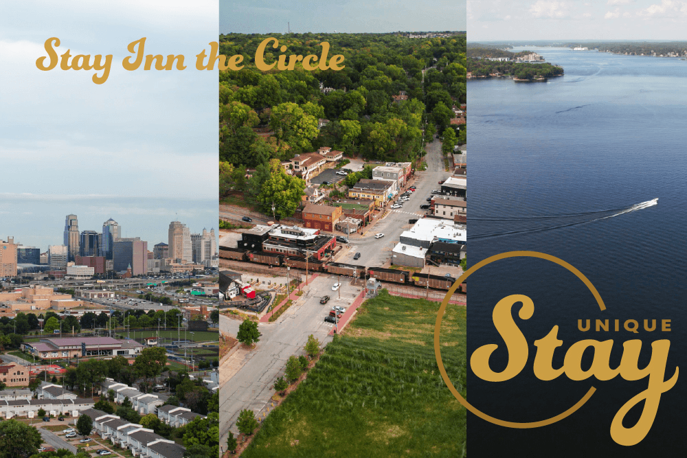 Aerial view collage featuring a city skyline, tree-lined streets, and a serene lake with the text "Stay Inn the Circle."