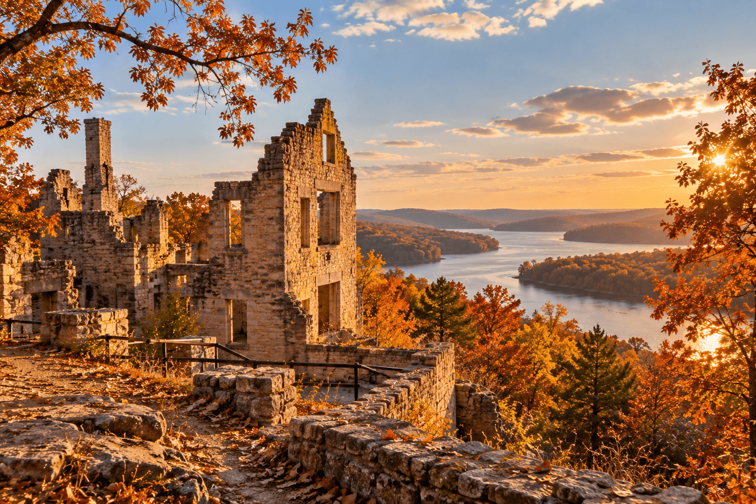 A scenic view of autumn foliage surrounding the ruins of a stone structure overlooking a river at sunset.
