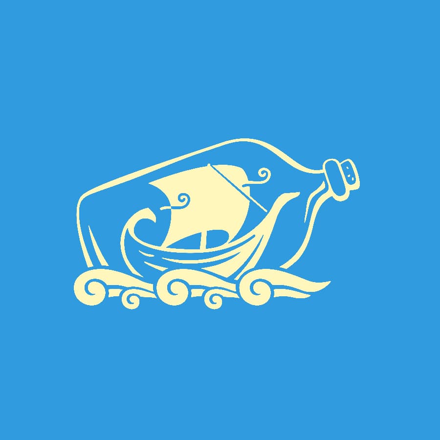 A ship inside a bottle floats on stylized waves against a blue background.