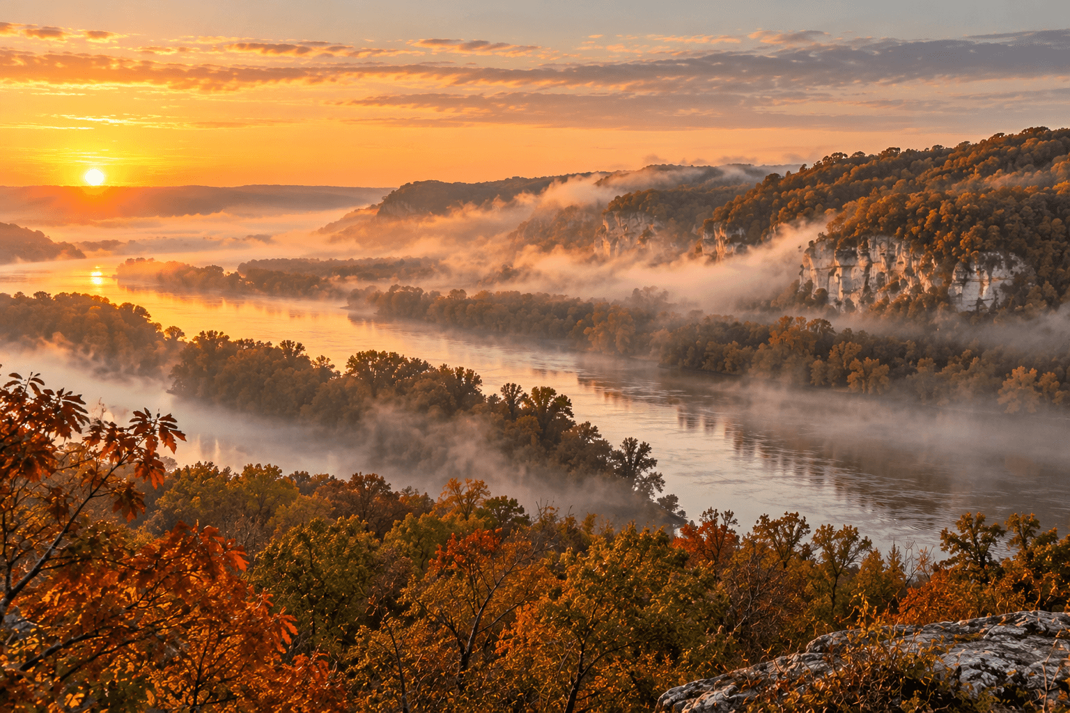 Sunrise over a misty river surrounded by colorful autumn trees and bluffs.