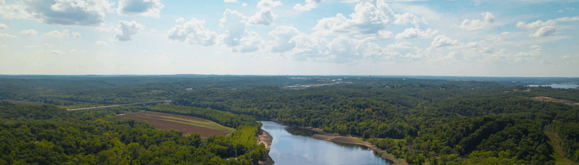 A panoramic view of a lush green landscape with a winding river under a cloudy sky.