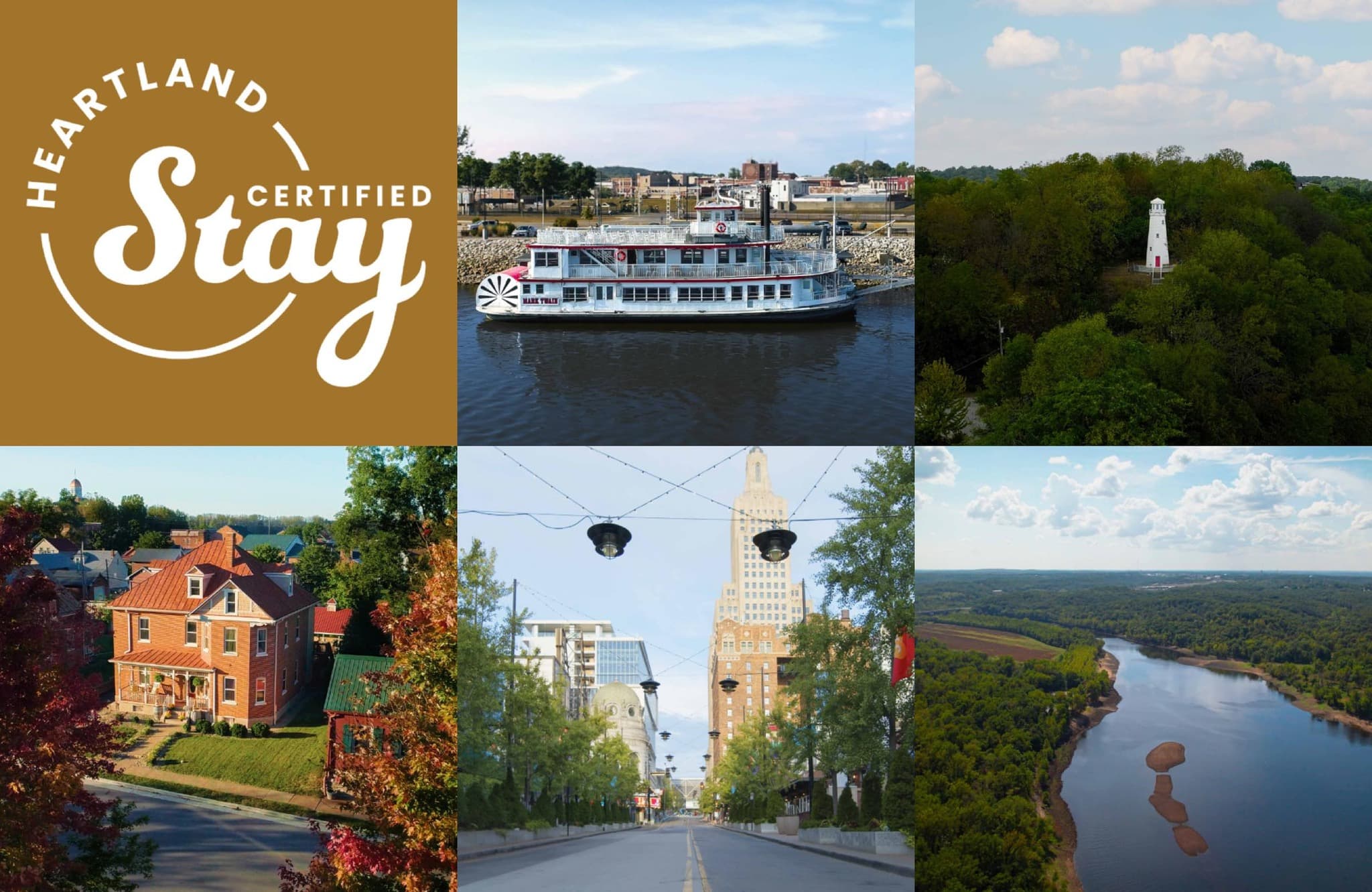 Collage of picturesque scenes showcasing a riverboat, a lighthouse, charming buildings, and natural landscapes, accompanied by "Heartland Stay Certified" logo.