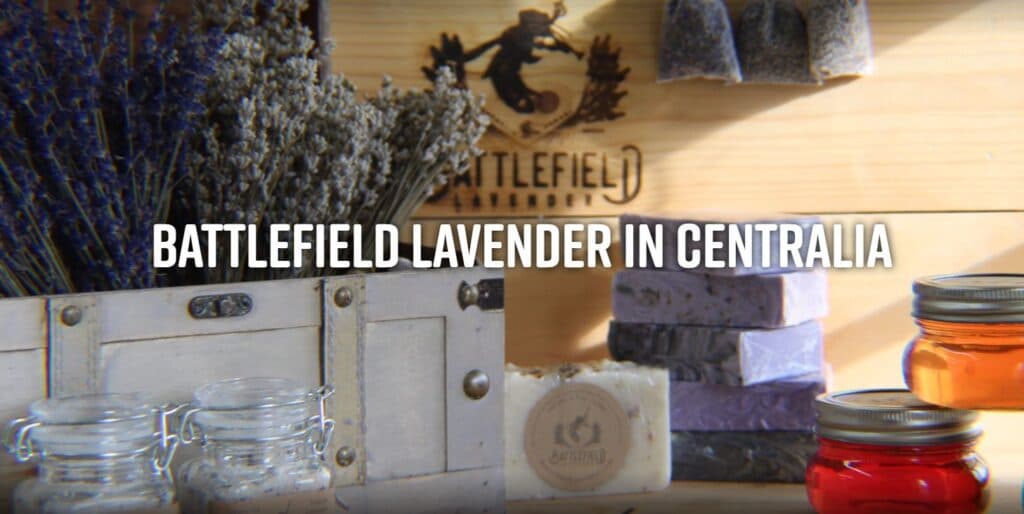 A display of lavender products, including dried lavender, soaps, and jars, with the text "Battlefield Lavender in Centralia."