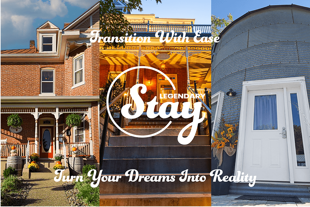 A collage of three unique accommodations with welcoming entryways, promoting a travel brand that emphasizes ease and dream fulfillment.