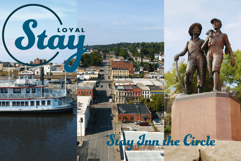 A collage featuring a riverboat, a street view of a town, and a statue of two children, with the text "Stay Inn the Circle."