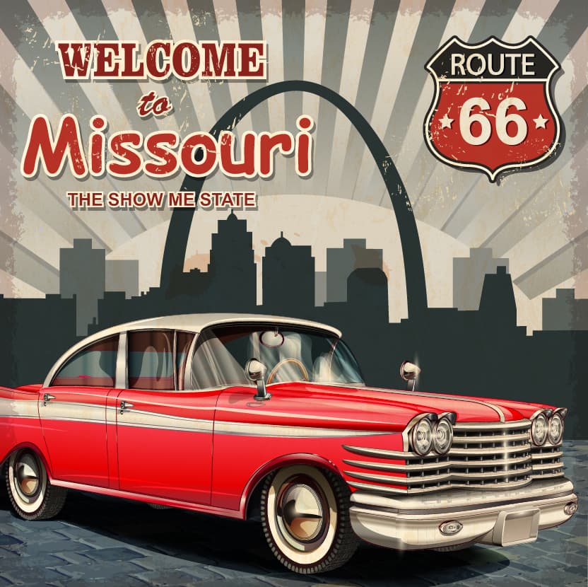 A vintage red car is featured in a retro-style poster welcoming visitors to Missouri, with the iconic Gateway Arch and Route 66 signage in the background.