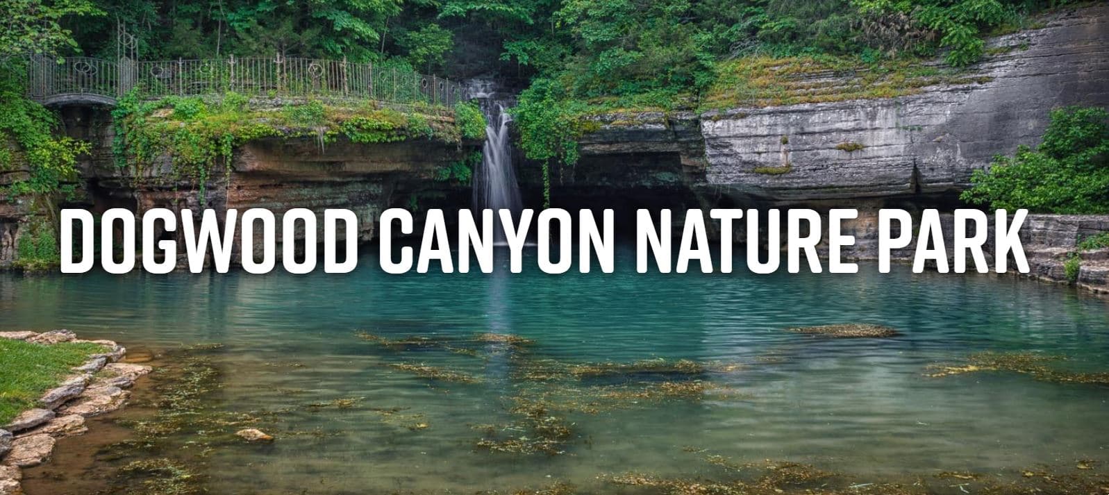 A serene landscape of Dogwood Canyon Nature Park featuring a waterfall and clear blue water surrounded by lush greenery.