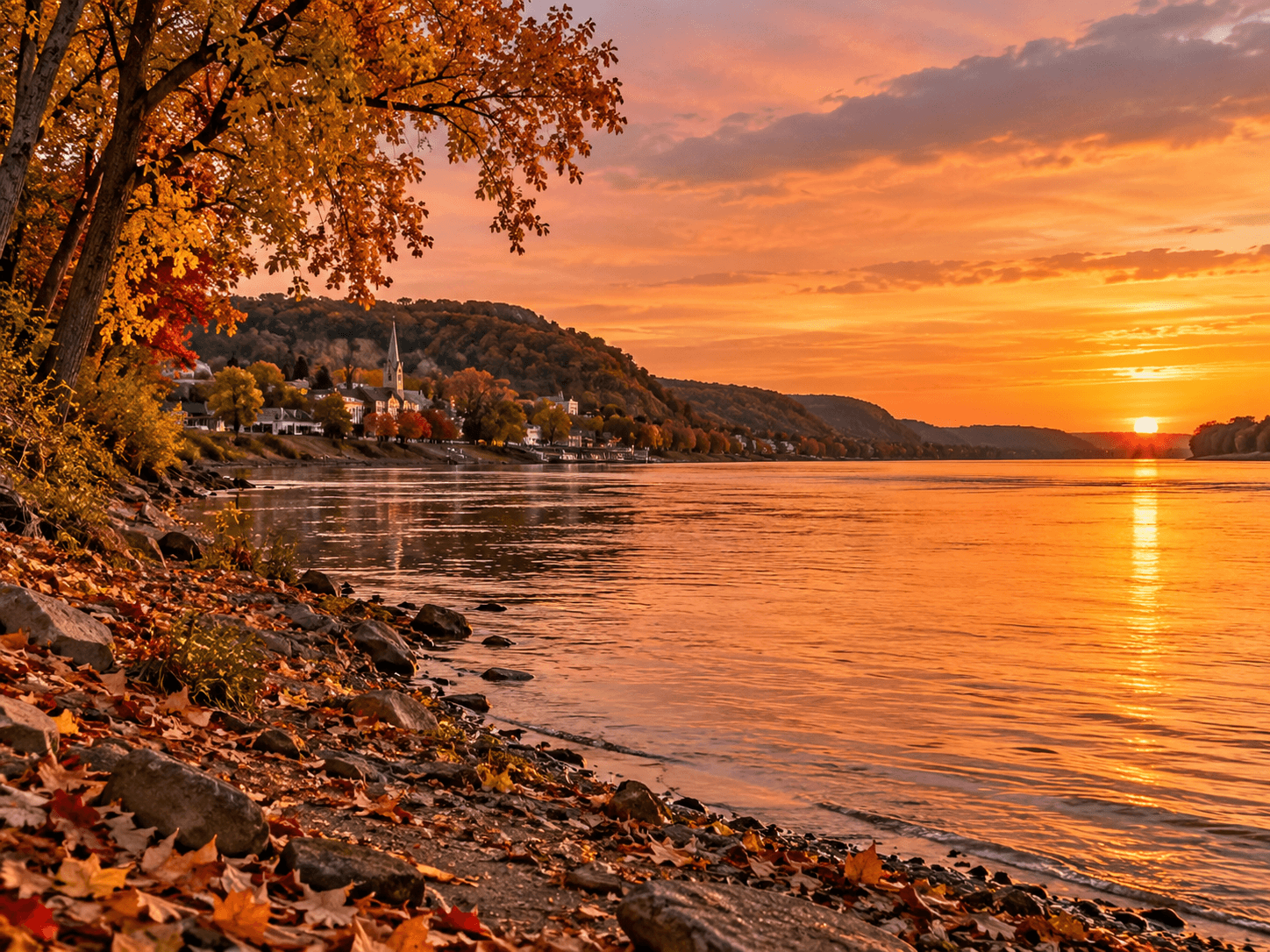 A scenic riverside view at sunset, framed by autumn leaves and colorful hills in the background.